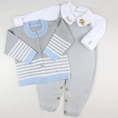 Saída De Maternidade Masculina Bebê Tricô 5 peças Versalhes - ACOMPANHA BODY PERSONALIZADO                                                                        Cinza